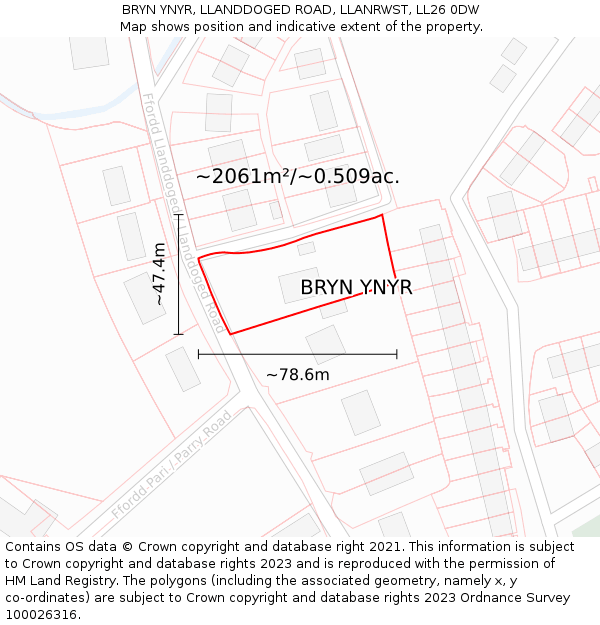 BRYN YNYR, LLANDDOGED ROAD, LLANRWST, LL26 0DW: Plot and title map