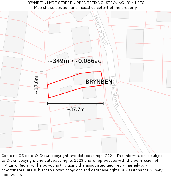 BRYNBEN, HYDE STREET, UPPER BEEDING, STEYNING, BN44 3TG: Plot and title map