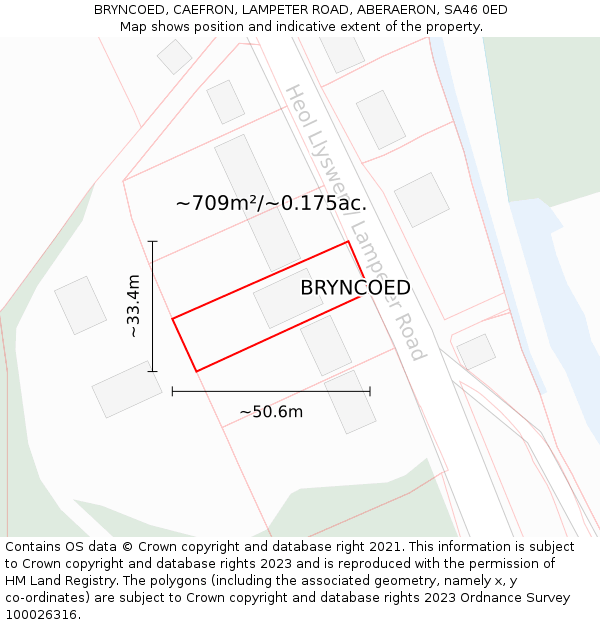 BRYNCOED, CAEFRON, LAMPETER ROAD, ABERAERON, SA46 0ED: Plot and title map