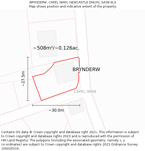 BRYNDERW, CAPEL IWAN, NEWCASTLE EMLYN, SA38 9LS: Plot and title map