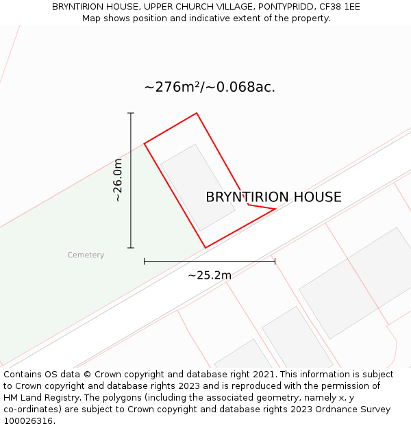 BRYNTIRION HOUSE, UPPER CHURCH VILLAGE, PONTYPRIDD, CF38 1EE: Plot and title map