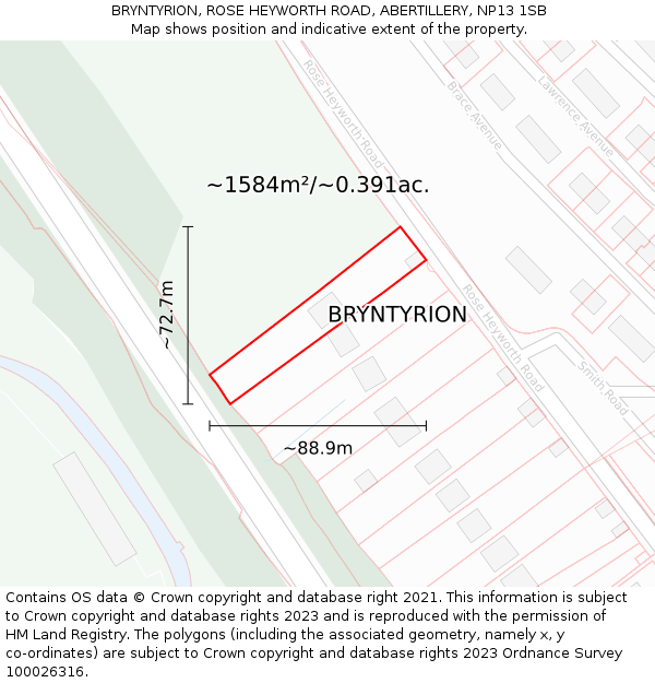BRYNTYRION, ROSE HEYWORTH ROAD, ABERTILLERY, NP13 1SB: Plot and title map