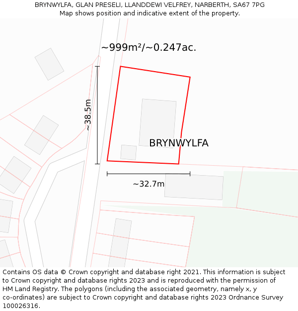 BRYNWYLFA, GLAN PRESELI, LLANDDEWI VELFREY, NARBERTH, SA67 7PG: Plot and title map