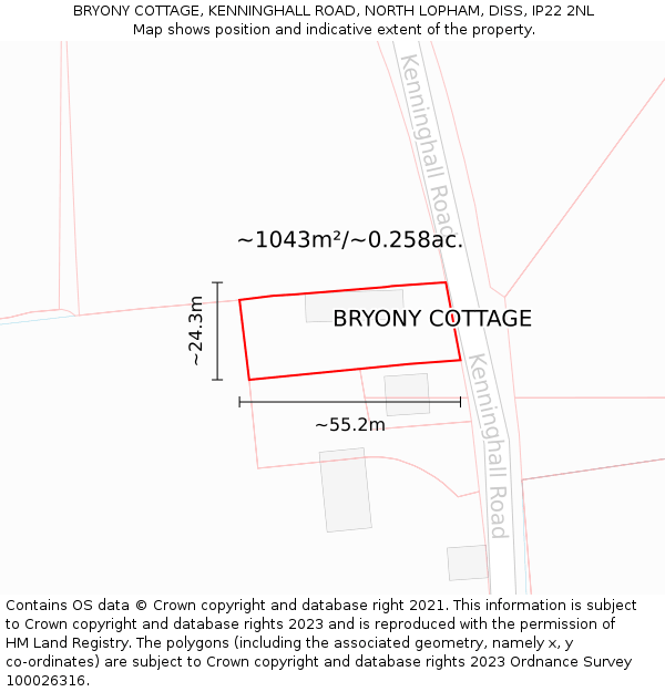 BRYONY COTTAGE, KENNINGHALL ROAD, NORTH LOPHAM, DISS, IP22 2NL: Plot and title map