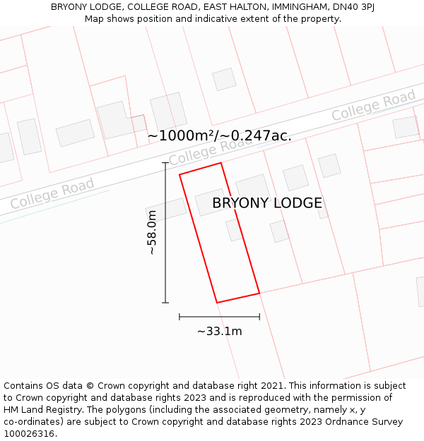 BRYONY LODGE, COLLEGE ROAD, EAST HALTON, IMMINGHAM, DN40 3PJ: Plot and title map