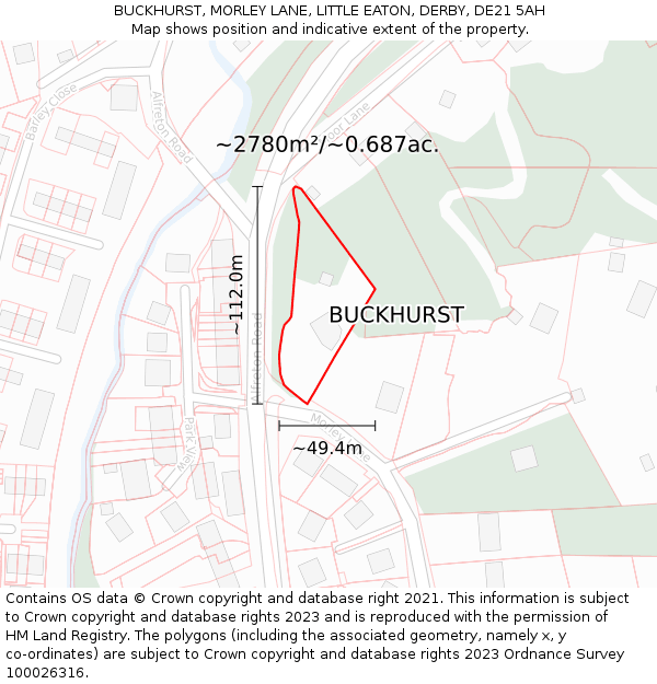 BUCKHURST, MORLEY LANE, LITTLE EATON, DERBY, DE21 5AH: Plot and title map