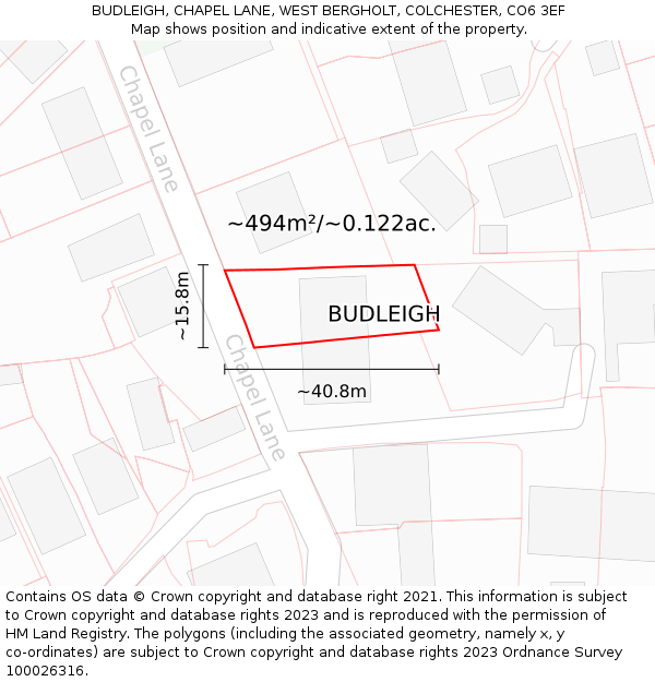 BUDLEIGH, CHAPEL LANE, WEST BERGHOLT, COLCHESTER, CO6 3EF: Plot and title map