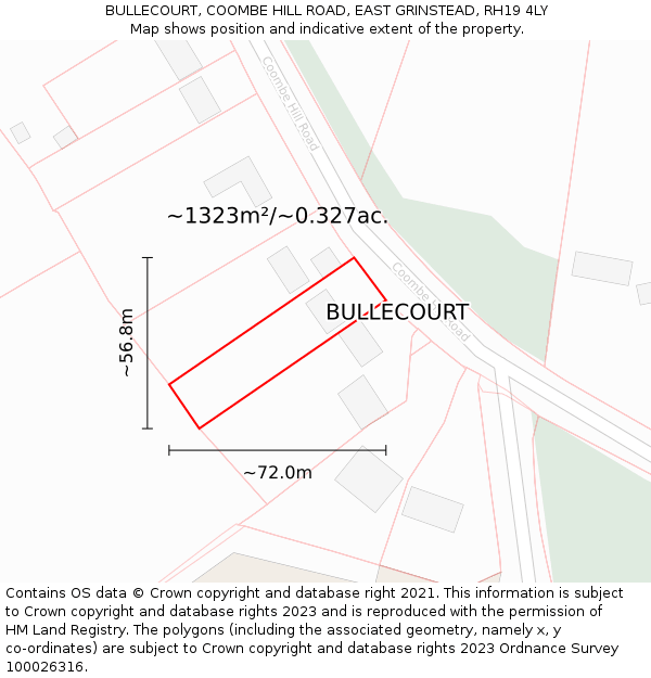 BULLECOURT, COOMBE HILL ROAD, EAST GRINSTEAD, RH19 4LY: Plot and title map