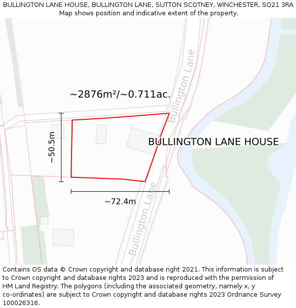 BULLINGTON LANE HOUSE, BULLINGTON LANE, SUTTON SCOTNEY, WINCHESTER, SO21 3RA: Plot and title map