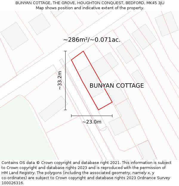 BUNYAN COTTAGE, THE GROVE, HOUGHTON CONQUEST, BEDFORD, MK45 3JU: Plot and title map