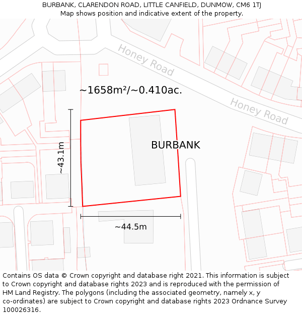 BURBANK, CLARENDON ROAD, LITTLE CANFIELD, DUNMOW, CM6 1TJ: Plot and title map