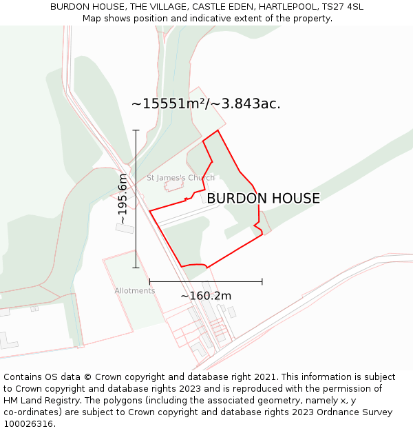BURDON HOUSE, THE VILLAGE, CASTLE EDEN, HARTLEPOOL, TS27 4SL: Plot and title map