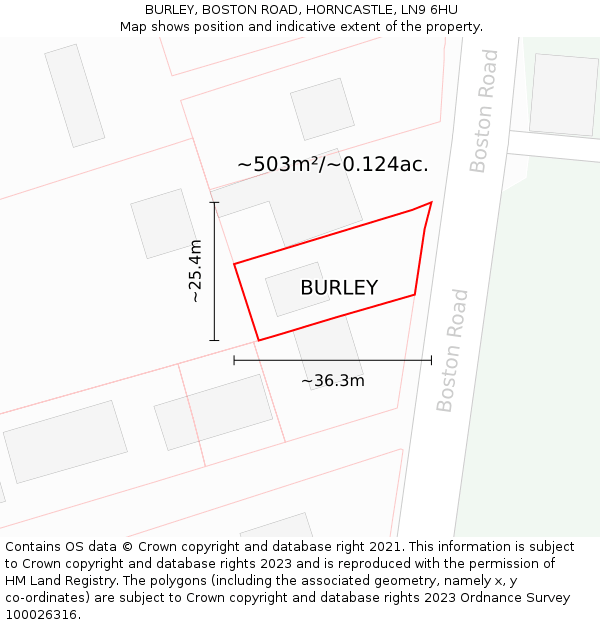 BURLEY, BOSTON ROAD, HORNCASTLE, LN9 6HU: Plot and title map