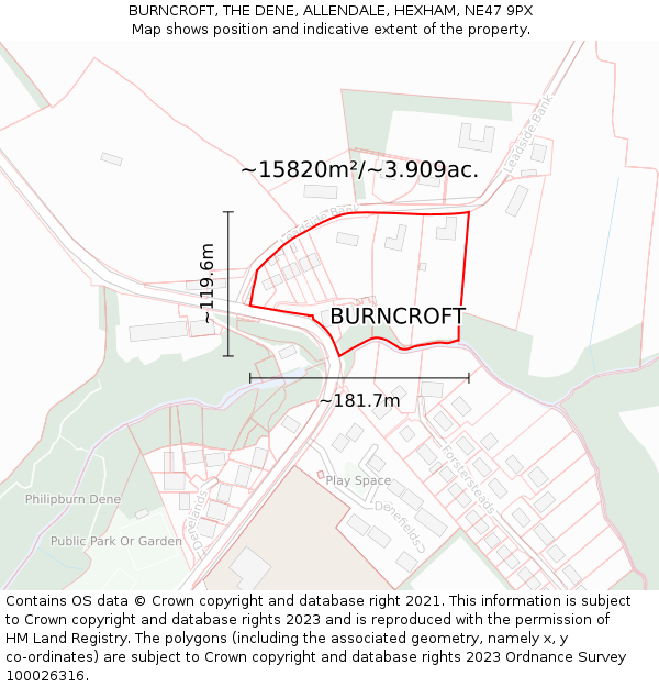 BURNCROFT, THE DENE, ALLENDALE, HEXHAM, NE47 9PX: Plot and title map