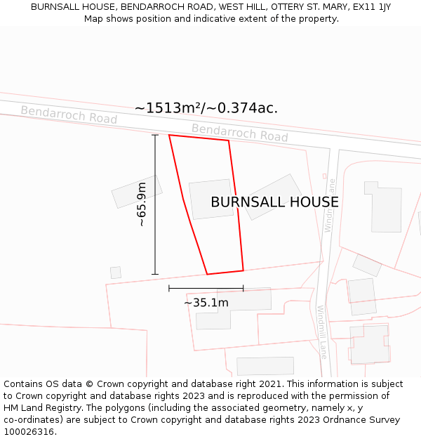 BURNSALL HOUSE, BENDARROCH ROAD, WEST HILL, OTTERY ST. MARY, EX11 1JY: Plot and title map
