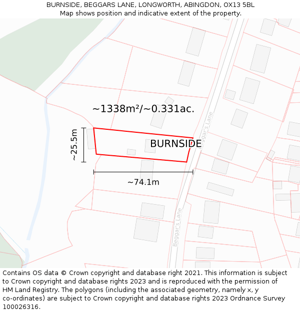 BURNSIDE, BEGGARS LANE, LONGWORTH, ABINGDON, OX13 5BL: Plot and title map