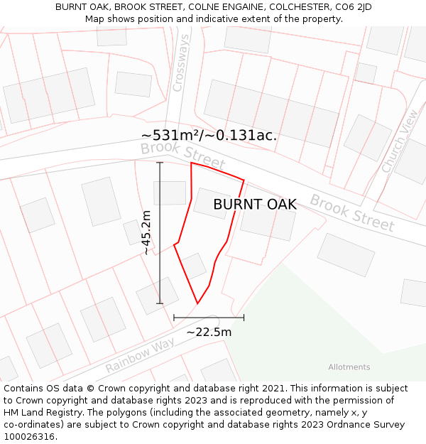 BURNT OAK, BROOK STREET, COLNE ENGAINE, COLCHESTER, CO6 2JD: Plot and title map