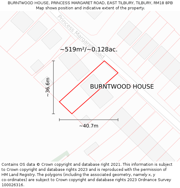 BURNTWOOD HOUSE, PRINCESS MARGARET ROAD, EAST TILBURY, TILBURY, RM18 8PB: Plot and title map