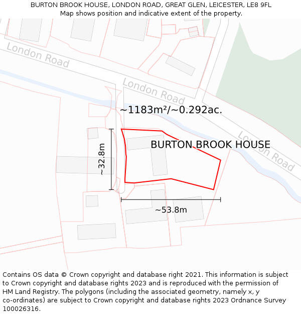 BURTON BROOK HOUSE, LONDON ROAD, GREAT GLEN, LEICESTER, LE8 9FL: Plot and title map
