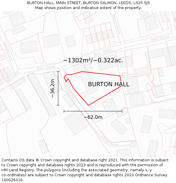 BURTON HALL, MAIN STREET, BURTON SALMON, LEEDS, LS25 5JS: Plot and title map