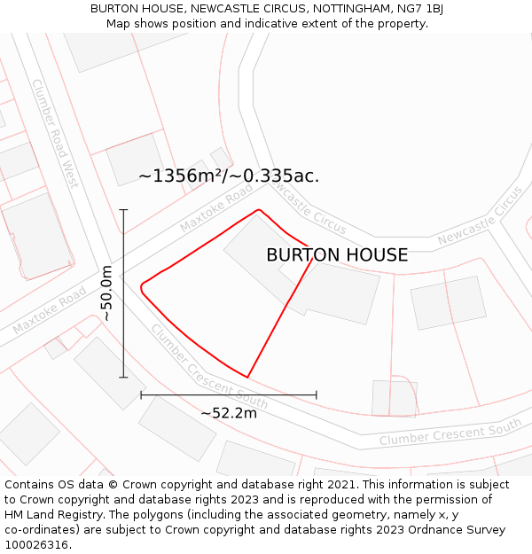 BURTON HOUSE, NEWCASTLE CIRCUS, NOTTINGHAM, NG7 1BJ: Plot and title map