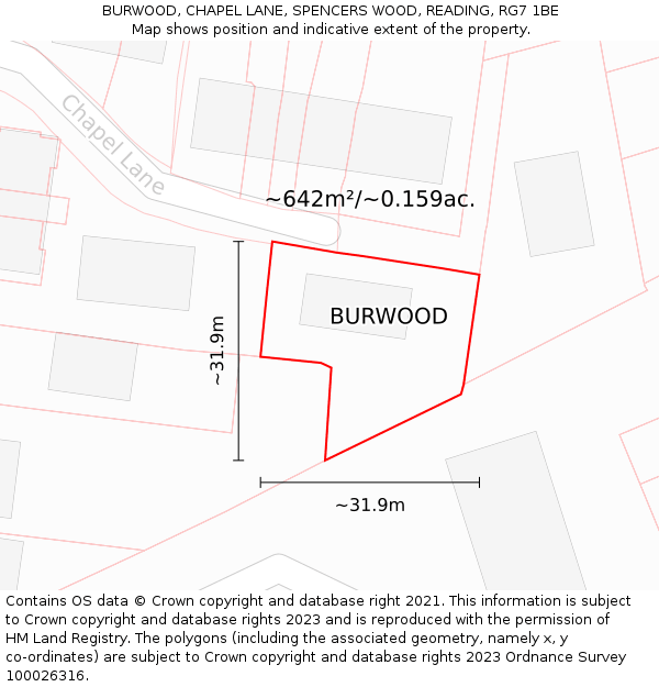 BURWOOD, CHAPEL LANE, SPENCERS WOOD, READING, RG7 1BE: Plot and title map