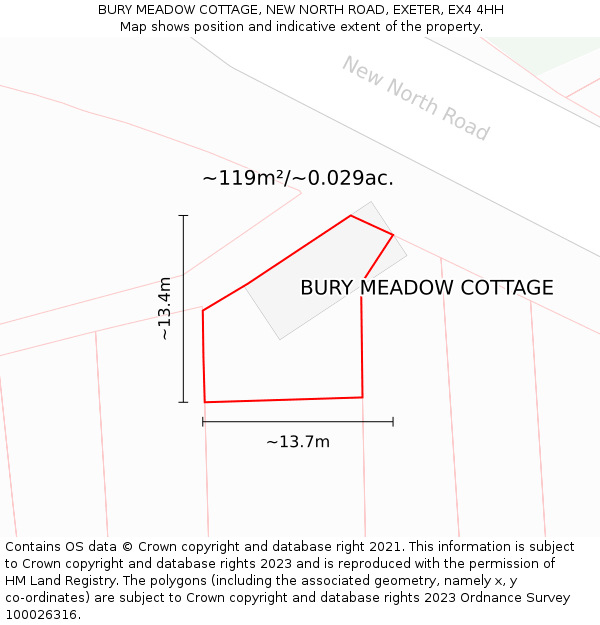 BURY MEADOW COTTAGE, NEW NORTH ROAD, EXETER, EX4 4HH: Plot and title map