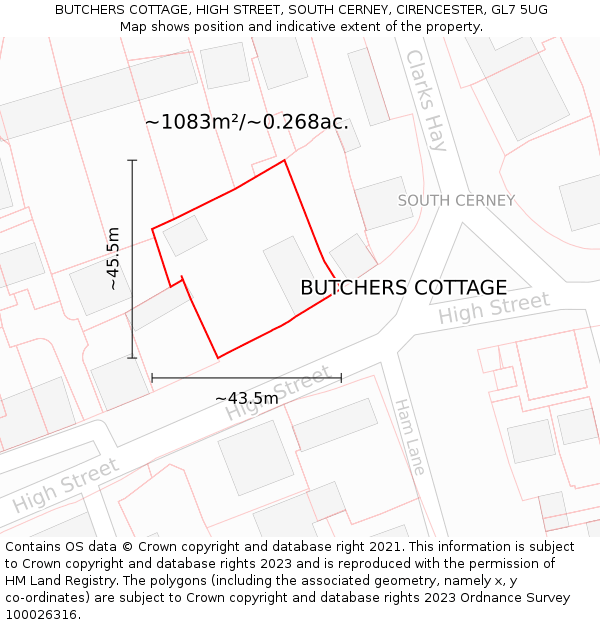 BUTCHERS COTTAGE, HIGH STREET, SOUTH CERNEY, CIRENCESTER, GL7 5UG: Plot and title map