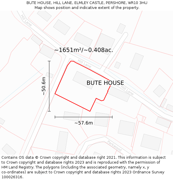 BUTE HOUSE, HILL LANE, ELMLEY CASTLE, PERSHORE, WR10 3HU: Plot and title map