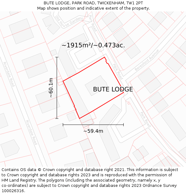 BUTE LODGE, PARK ROAD, TWICKENHAM, TW1 2PT: Plot and title map