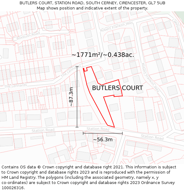 BUTLERS COURT, STATION ROAD, SOUTH CERNEY, CIRENCESTER, GL7 5UB: Plot and title map