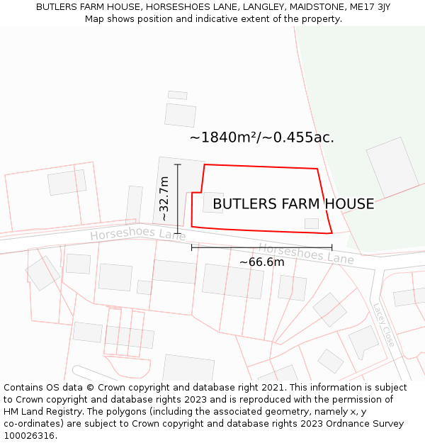 BUTLERS FARM HOUSE, HORSESHOES LANE, LANGLEY, MAIDSTONE, ME17 3JY: Plot and title map