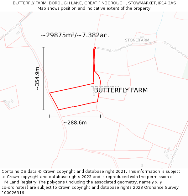 BUTTERFLY FARM, BOROUGH LANE, GREAT FINBOROUGH, STOWMARKET, IP14 3AS: Plot and title map