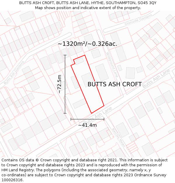 BUTTS ASH CROFT, BUTTS ASH LANE, HYTHE, SOUTHAMPTON, SO45 3QY: Plot and title map