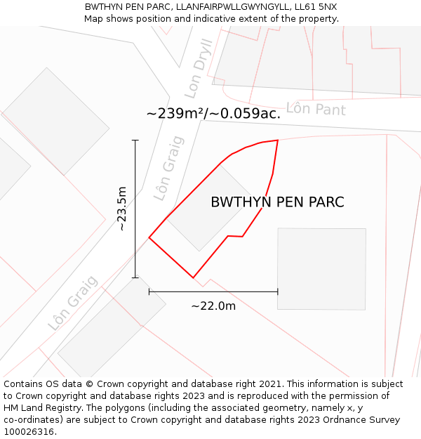 BWTHYN PEN PARC, LLANFAIRPWLLGWYNGYLL, LL61 5NX: Plot and title map