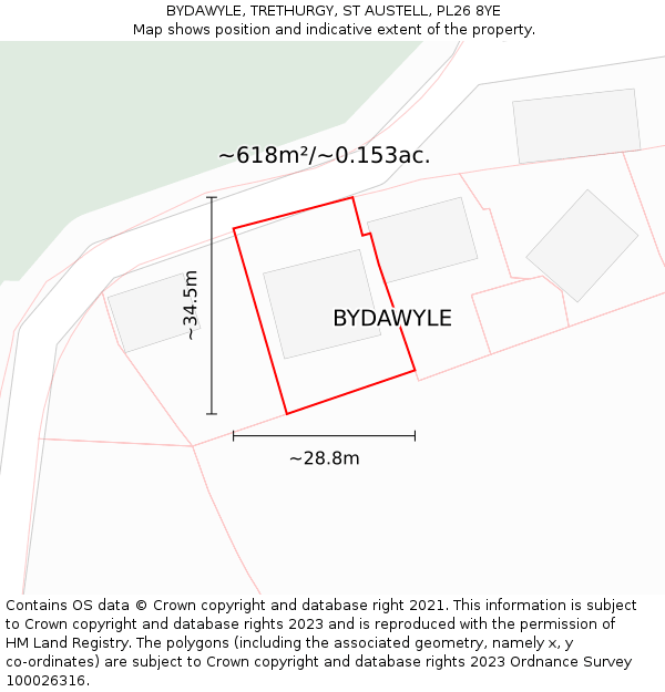 BYDAWYLE, TRETHURGY, ST AUSTELL, PL26 8YE: Plot and title map