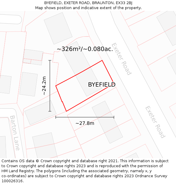 BYEFIELD, EXETER ROAD, BRAUNTON, EX33 2BJ: Plot and title map