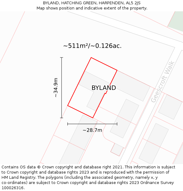 BYLAND, HATCHING GREEN, HARPENDEN, AL5 2JS: Plot and title map