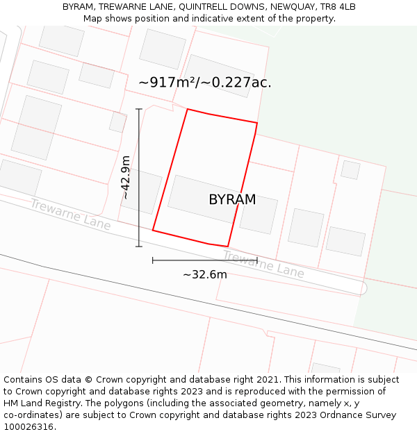 BYRAM, TREWARNE LANE, QUINTRELL DOWNS, NEWQUAY, TR8 4LB: Plot and title map