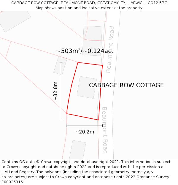 CABBAGE ROW COTTAGE, BEAUMONT ROAD, GREAT OAKLEY, HARWICH, CO12 5BG: Plot and title map