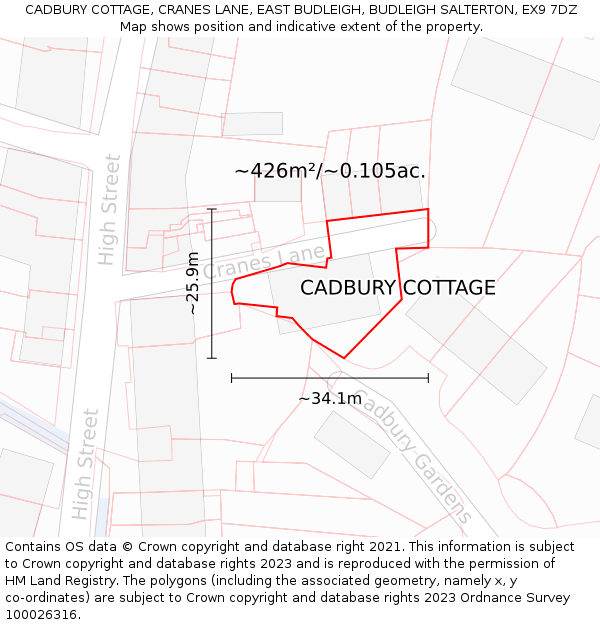 CADBURY COTTAGE, CRANES LANE, EAST BUDLEIGH, BUDLEIGH SALTERTON, EX9 7DZ: Plot and title map