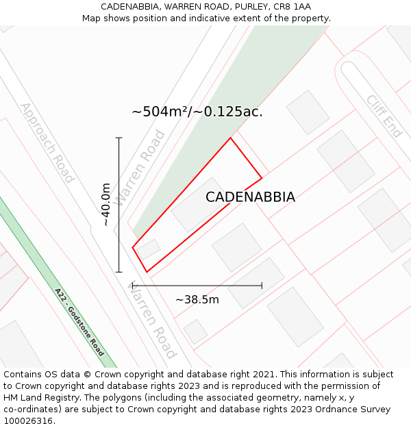 CADENABBIA, WARREN ROAD, PURLEY, CR8 1AA: Plot and title map