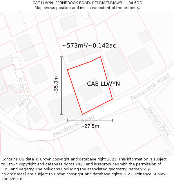 CAE LLWYN, FERNBROOK ROAD, PENMAENMAWR, LL34 6DD: Plot and title map
