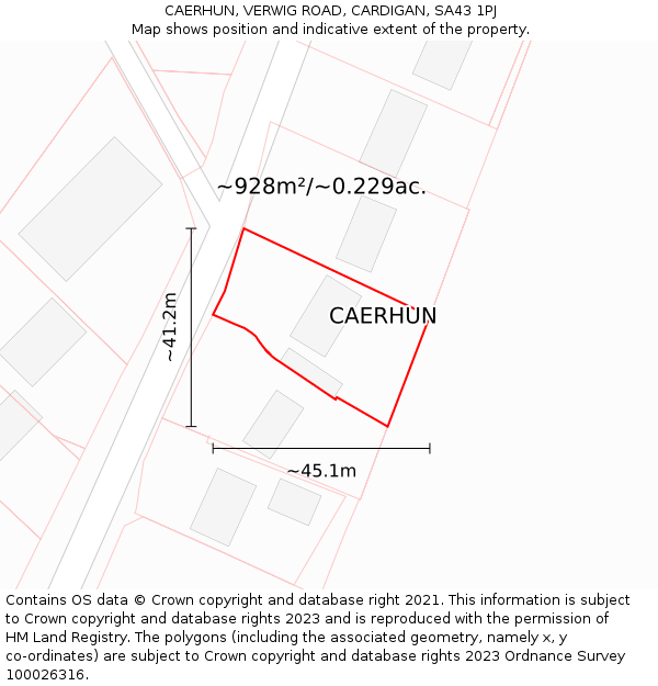 CAERHUN, VERWIG ROAD, CARDIGAN, SA43 1PJ: Plot and title map