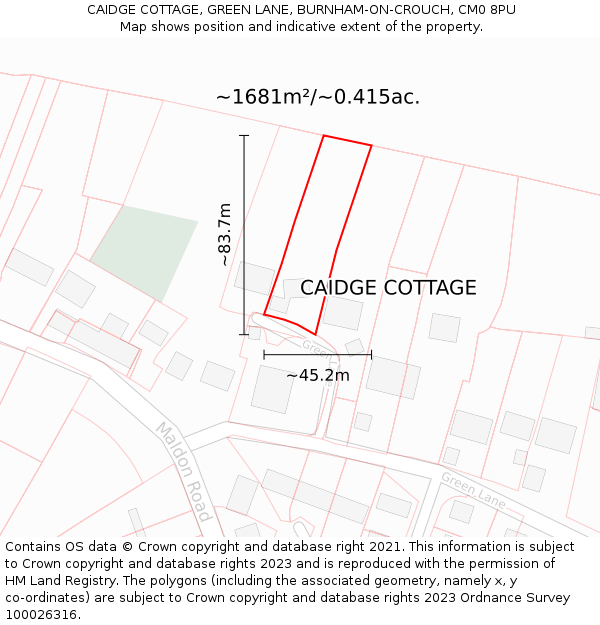 CAIDGE COTTAGE, GREEN LANE, BURNHAM-ON-CROUCH, CM0 8PU: Plot and title map