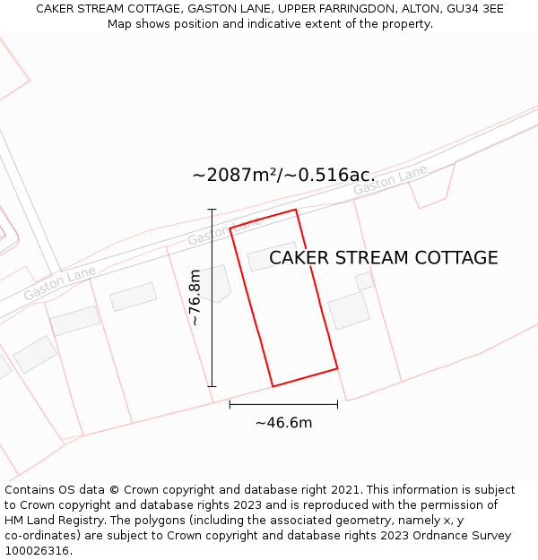 CAKER STREAM COTTAGE, GASTON LANE, UPPER FARRINGDON, ALTON, GU34 3EE: Plot and title map