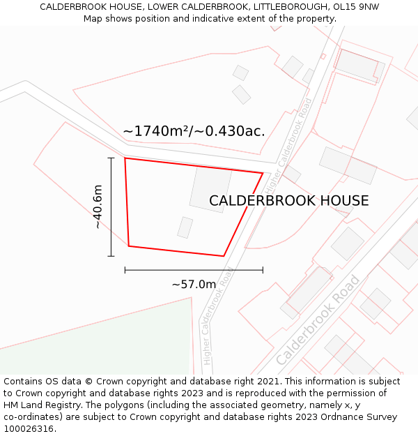 CALDERBROOK HOUSE, LOWER CALDERBROOK, LITTLEBOROUGH, OL15 9NW: Plot and title map