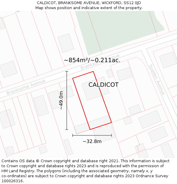 CALDICOT, BRANKSOME AVENUE, WICKFORD, SS12 0JD: Plot and title map