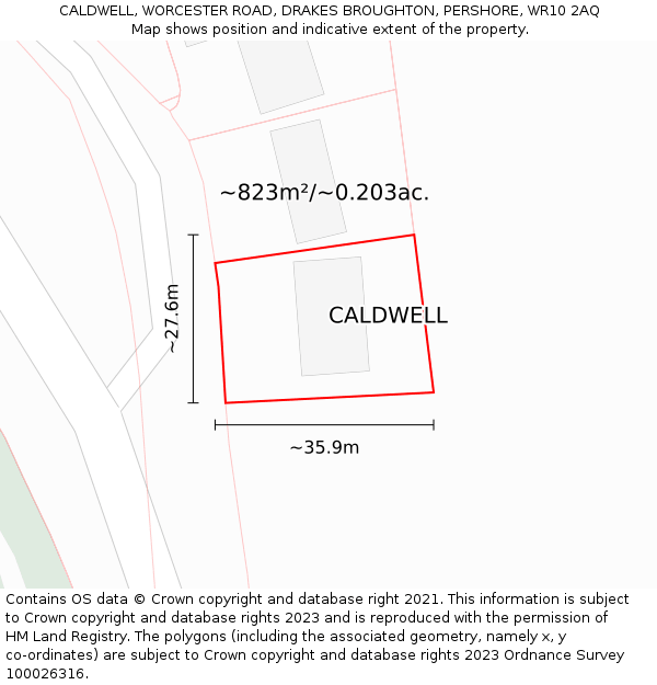 CALDWELL, WORCESTER ROAD, DRAKES BROUGHTON, PERSHORE, WR10 2AQ: Plot and title map