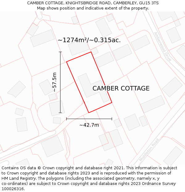 CAMBER COTTAGE, KNIGHTSBRIDGE ROAD, CAMBERLEY, GU15 3TS: Plot and title map